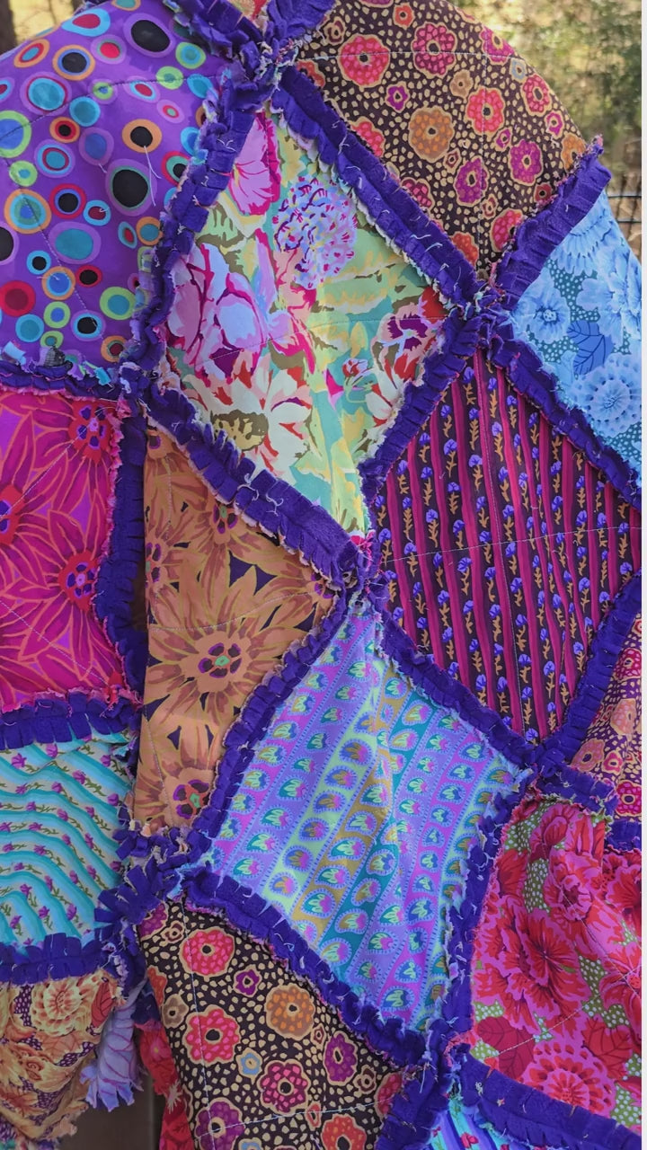 Colorful Rag Quilt Throw, Cotton Patchwork Lap Quilt with Soft Fleece Backing, Handmade Boho Couch Blanket, Bright Scrap Quilt Gift by Maypop House Designs, blankets main product