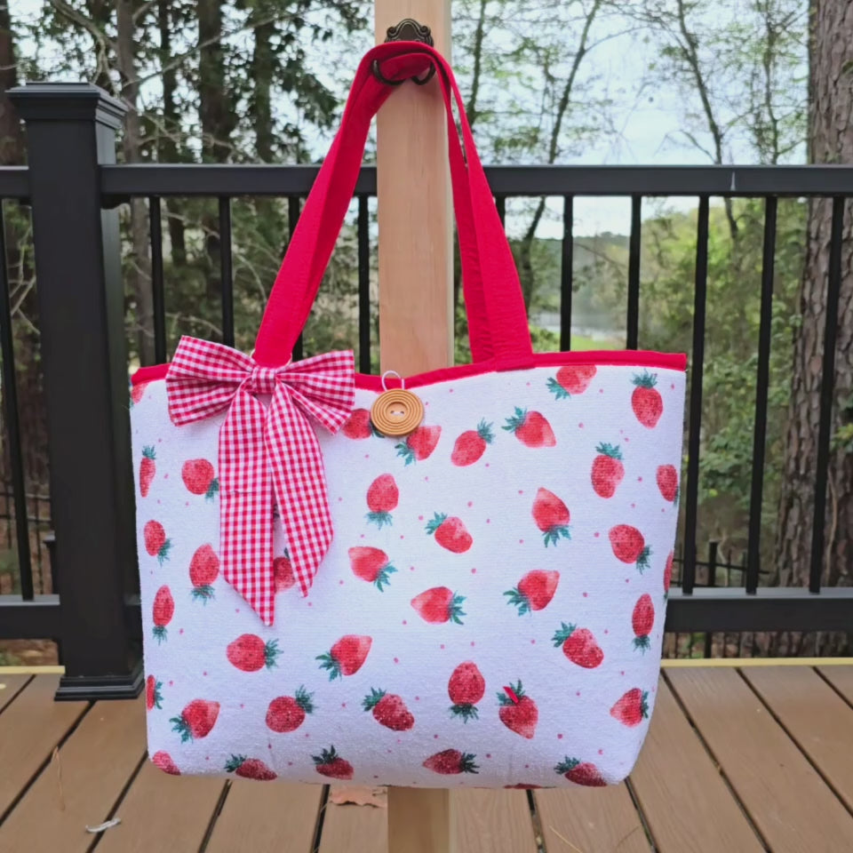 Strawberry Tote Bag with Bow Charm, Cute Cottagecore Bag, Handmade Summer Tote, Strawberry Print Purse, Gift for Her, Farmers Market Bag by Maypop House Designs, paper gift main