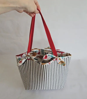 Large Handmade Tote Bag – Black and White Striped Market Tote with Red Straps, Reusable Everyday Shoulder Bag for Women