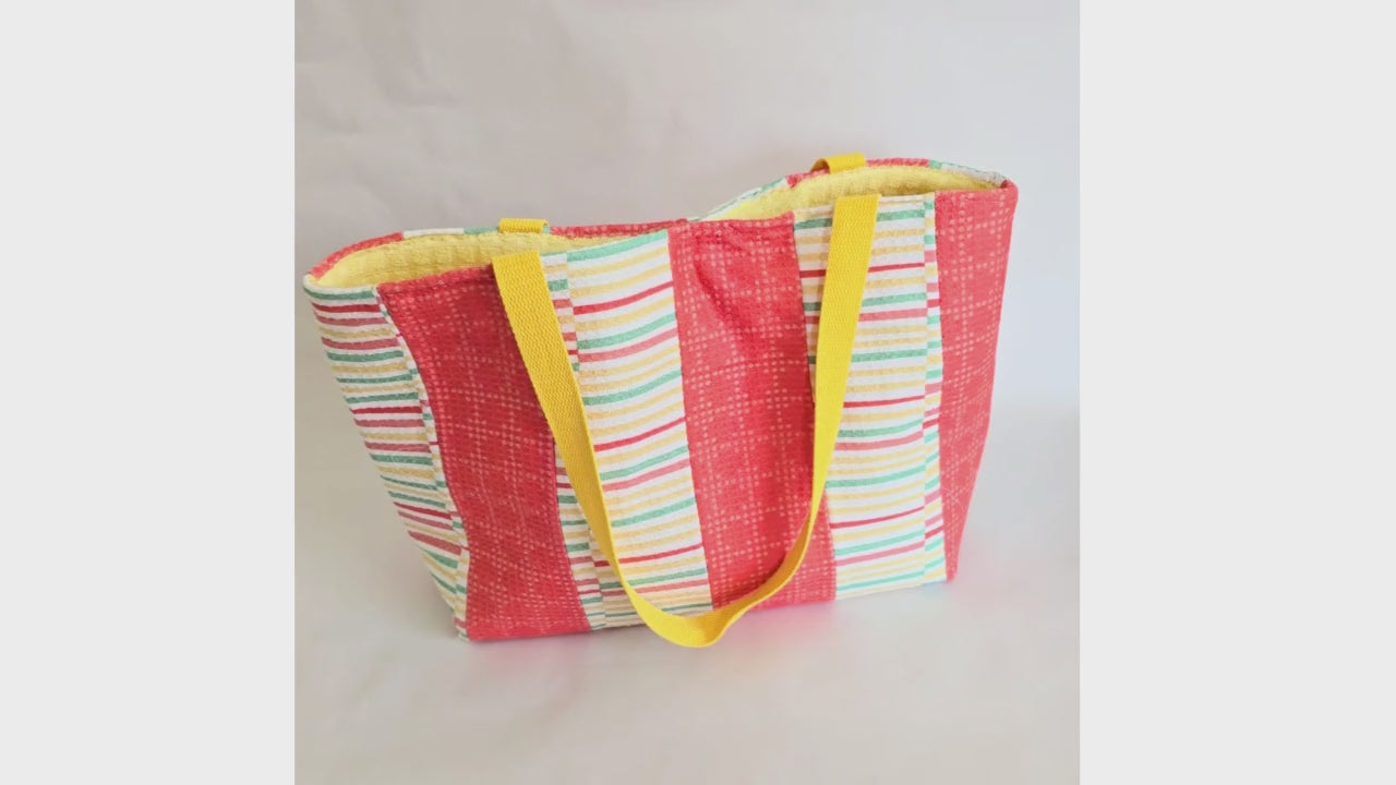 Handmade Terry Cloth Beach Tote – Striped Pool Bag with Yellow Straps by Maypop House Designs, handmade leather goods main product photo