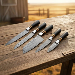 5-Piece Handmade Damascus Kitchen Knife Set with Chef, Santoku, Utility, Carving, Paring Knives