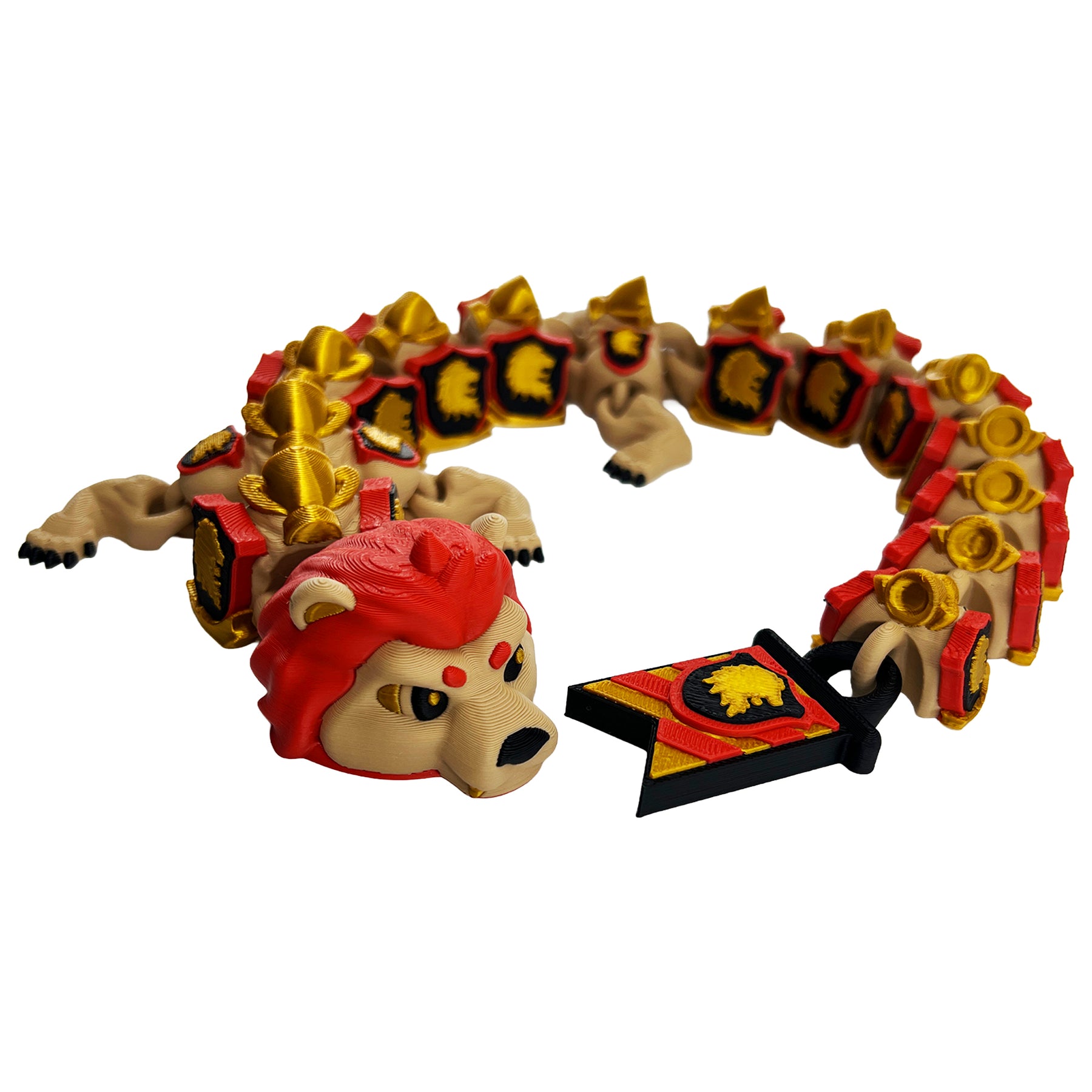 Professor Lion Dragon articulated 3D printed flexi dragon in a wide curled pose with gold armor and banner tail