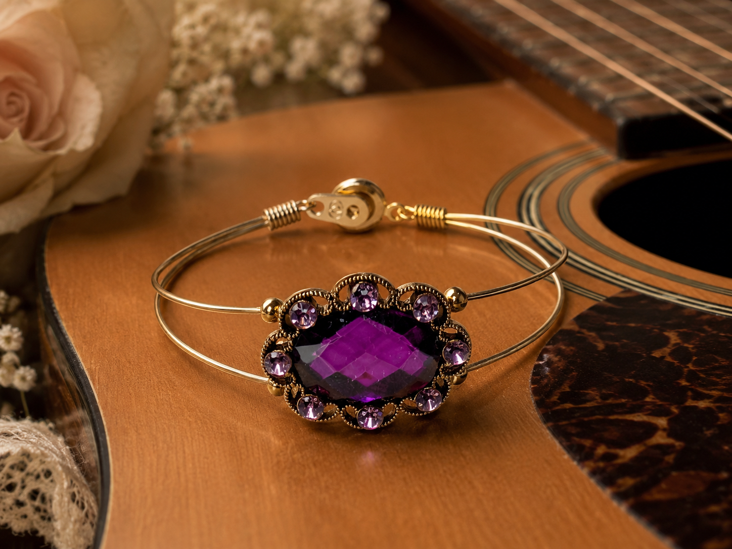 Plum Rhinestone Slider Guitar String Bracelet by N Harmony Jewelry, handmade jewelry main product photo