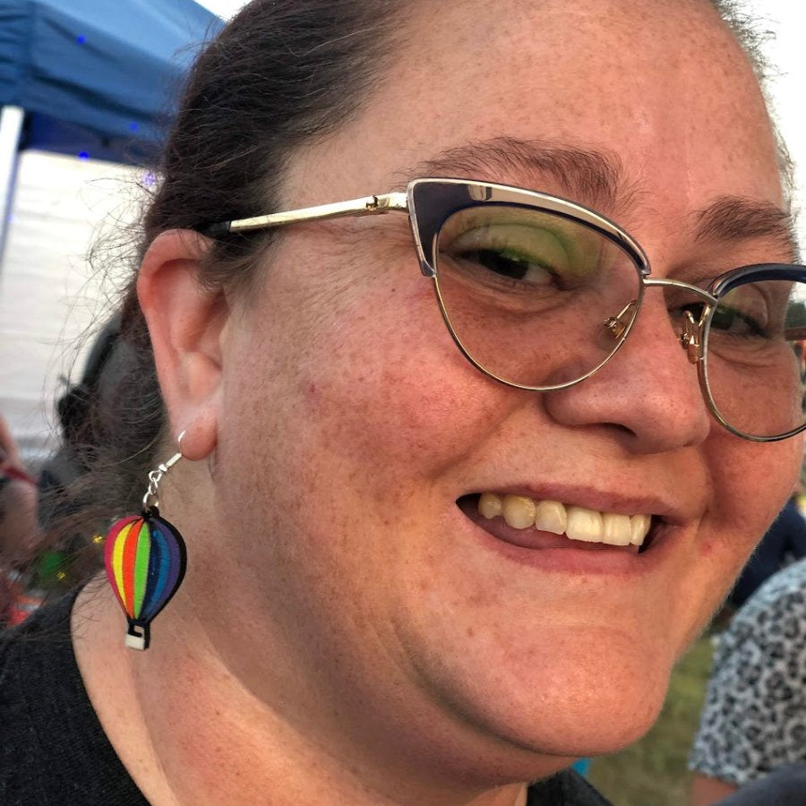 Rainbow Hot Air Balloon Wooden Dangle Earrings | Travel Jewelry by Cate's Concepts, LLC, handmade jewelry detail photo 2