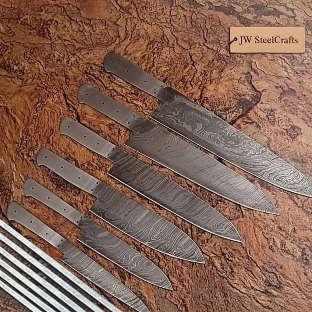 6-Piece Handmade Damascus Chef Knife Blank Set, Forged Steel Blades, Custom Knife Making Supply by JW SteelCrafts, Damascus knife main product photo