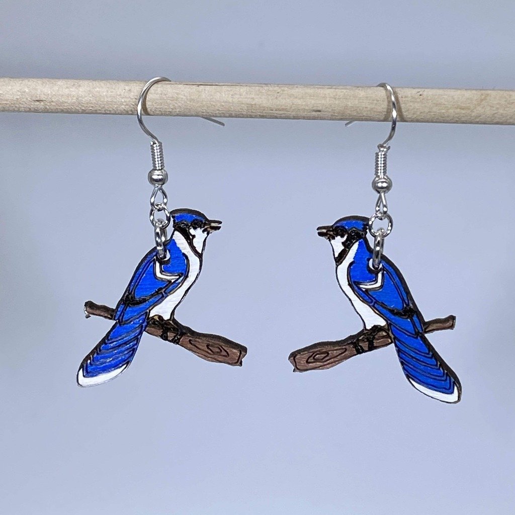 Blue Jay Wooden Dangle Earrings | Realistic Bird Jewelry by Cate's Concepts, LLC, handmade jewelry detail photo 2