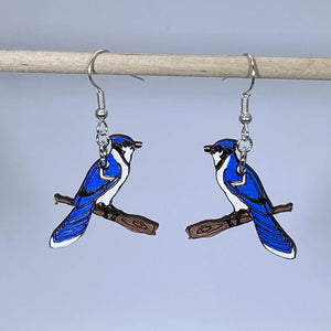 Blue Jay Wooden Dangle Earrings | Realistic Bird Jewelry