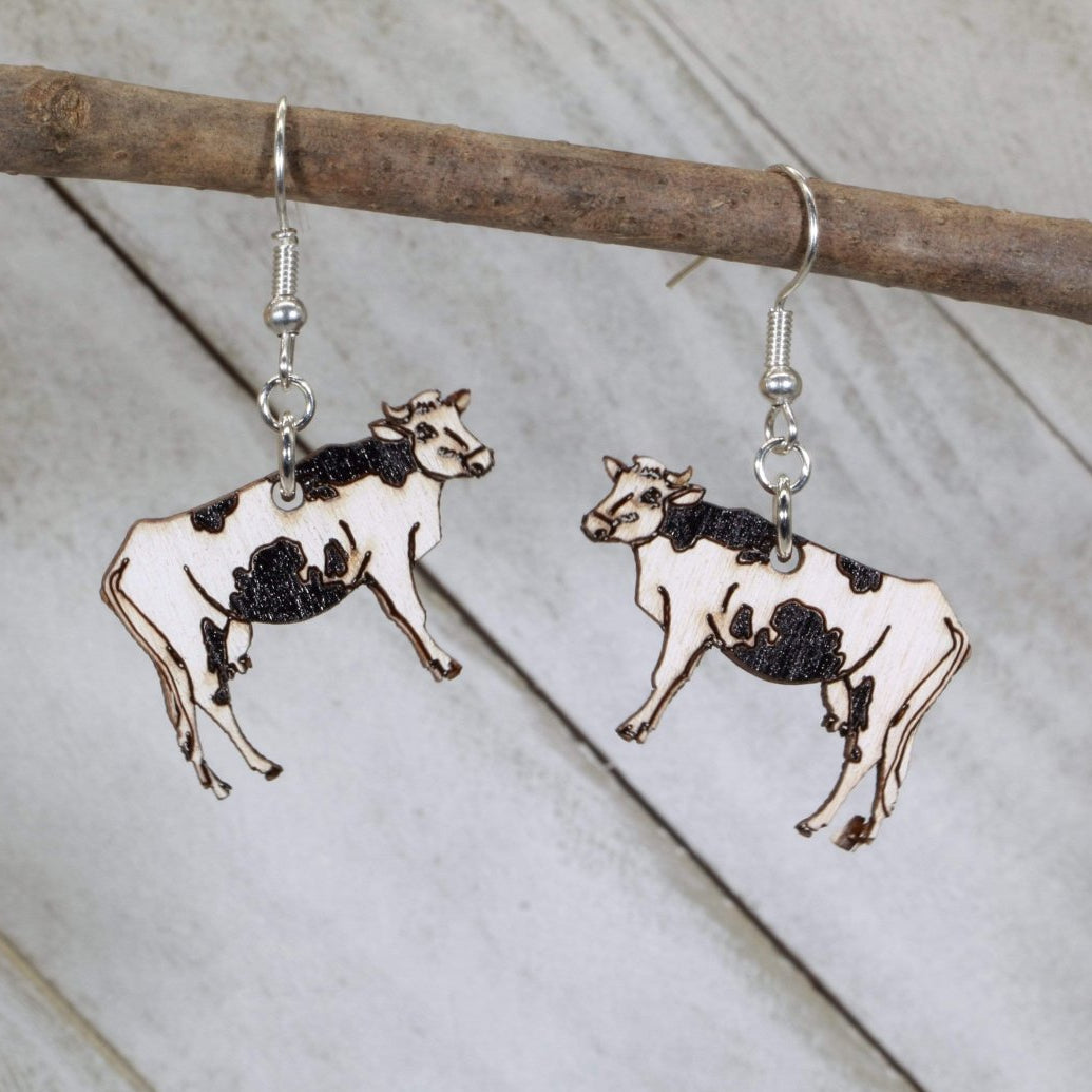 Realistic Cow Wooden Dangle Earrings | Farm Animal Jewelry by Cate's Concepts, LLC, handmade jewelry main product photo