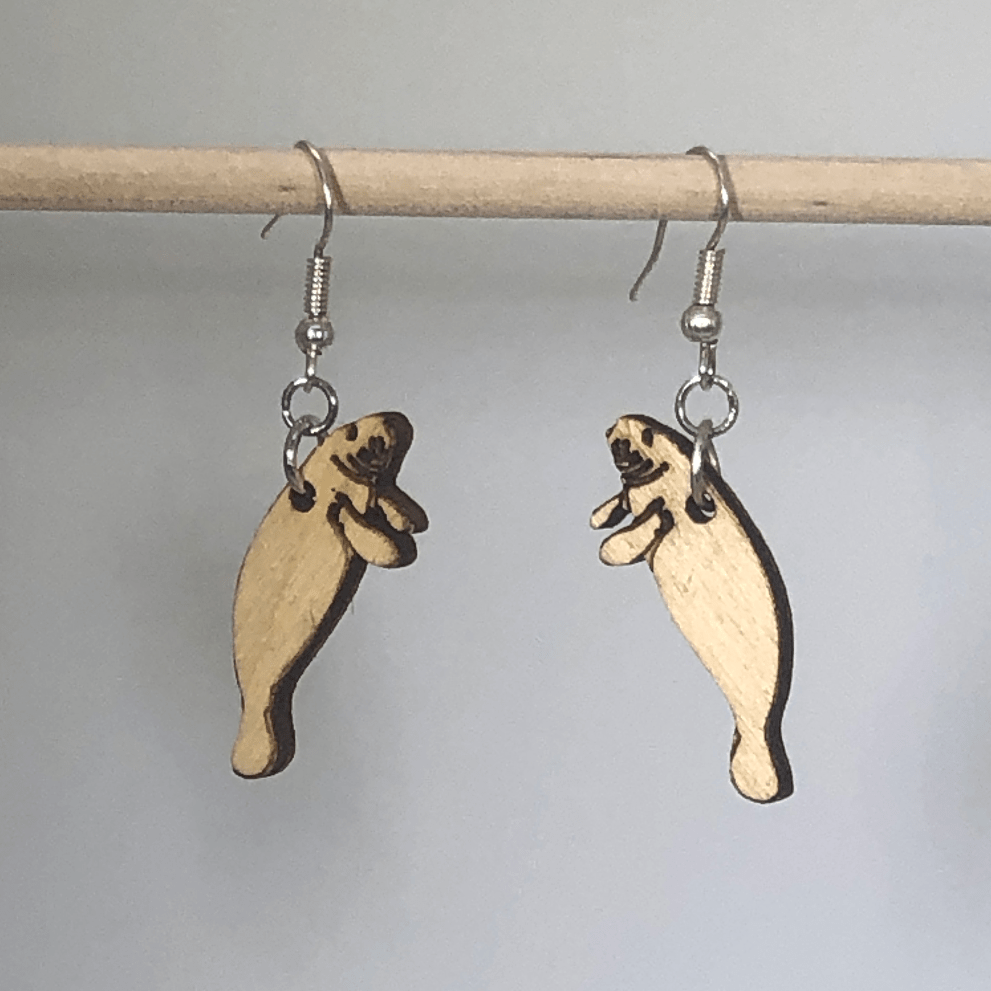 Manatee Wooden Dangle Earrings | Realistic Sea Life Jewelry by Cate's Concepts, LLC, handmade jewelry detail photo 2