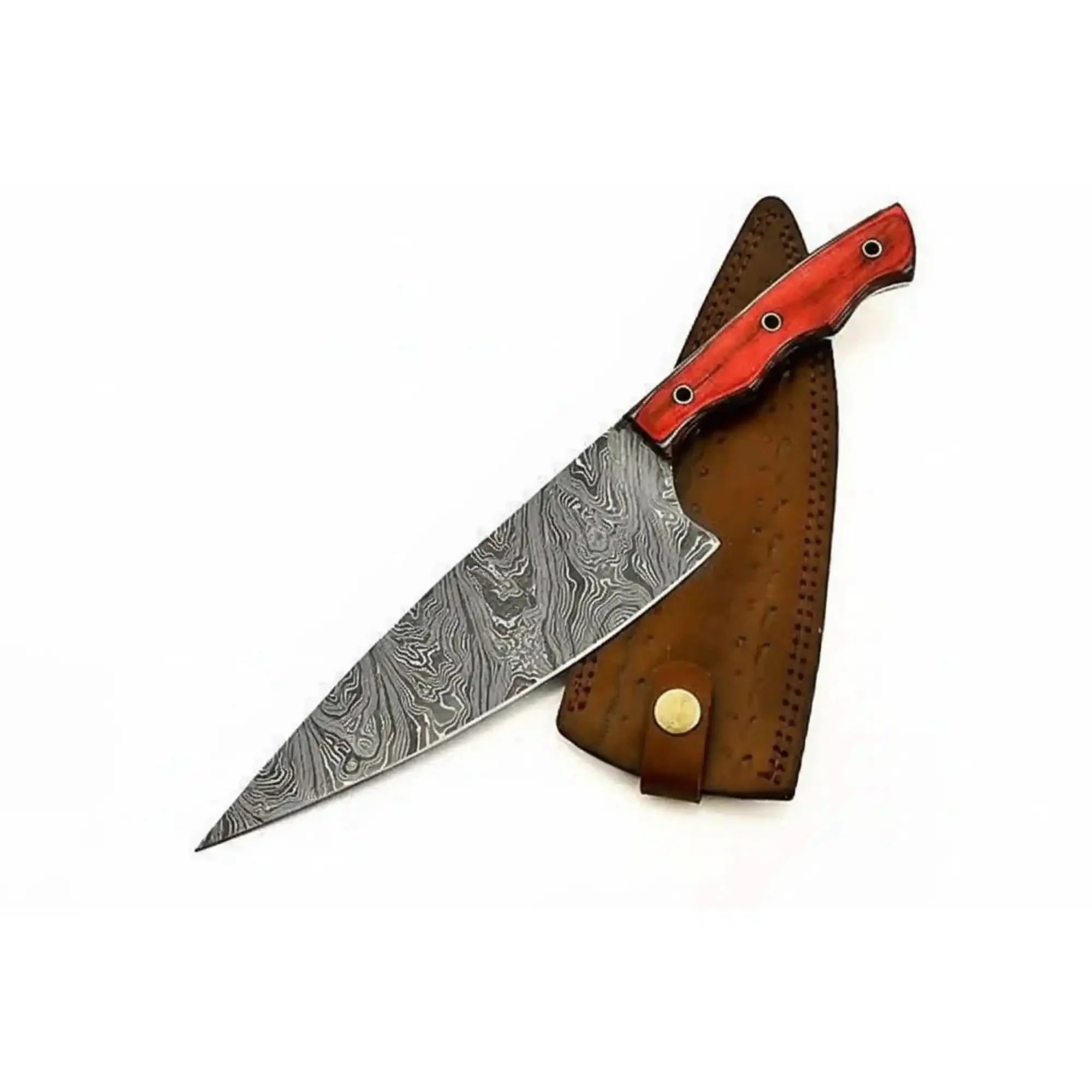 Custom Forged Damascus Camp Chef Knife — Traditional German Butcher-Style Blade with Red Wood Handle by JW SteelCrafts, Damascus knife main product photo