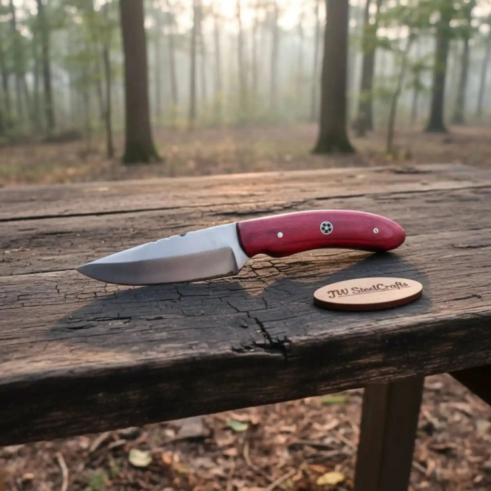 Handmade Skinner Knife Red Wood Handle Fixed Blade by JW SteelCrafts, Damascus knife main product photo