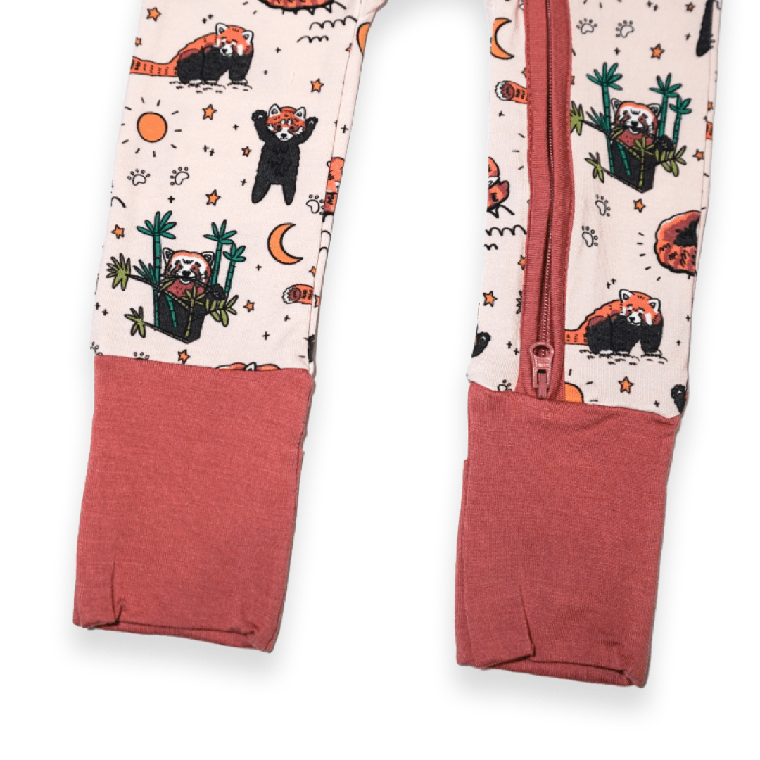 Additional view of Red Panda bamboo baby zip pajamas with hand drawn animal print