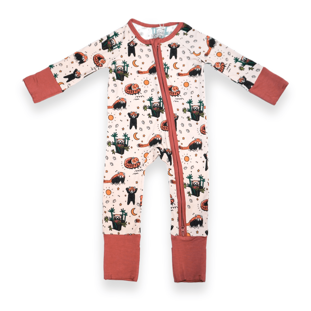 Red Panda bamboo baby zip pajamas with hand drawn animal print
