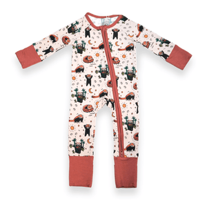 Red Panda bamboo baby zip pajamas with hand drawn animal print