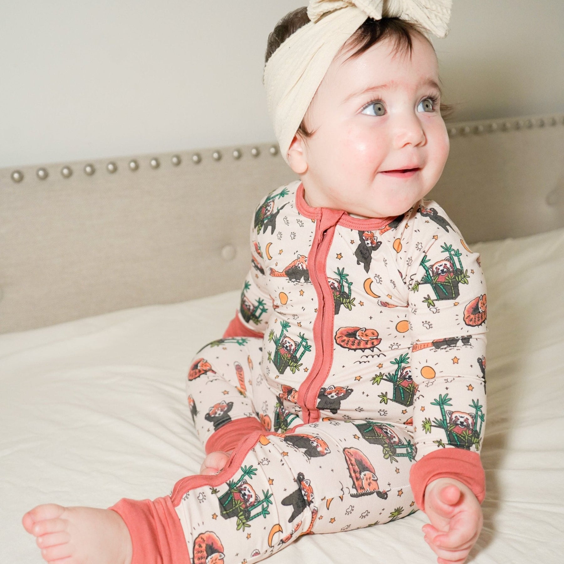 Additional view of Red Panda bamboo baby zip pajamas with hand drawn animal print