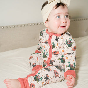 Additional view of Red Panda bamboo baby zip pajamas with hand drawn animal print