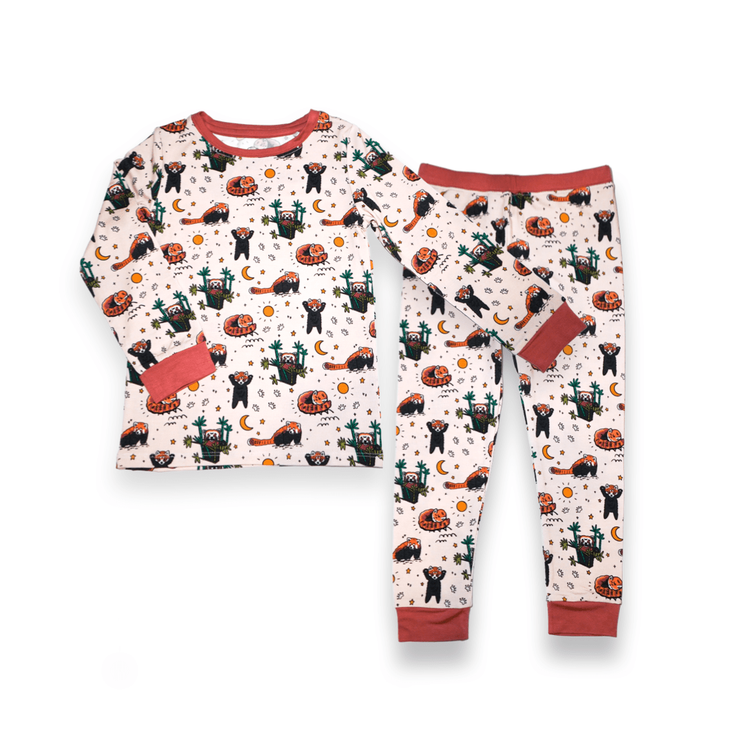 Red Panda bamboo two piece pajamas for kids with hand drawn animal print