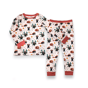 Red Panda bamboo two piece pajamas for kids with hand drawn animal print