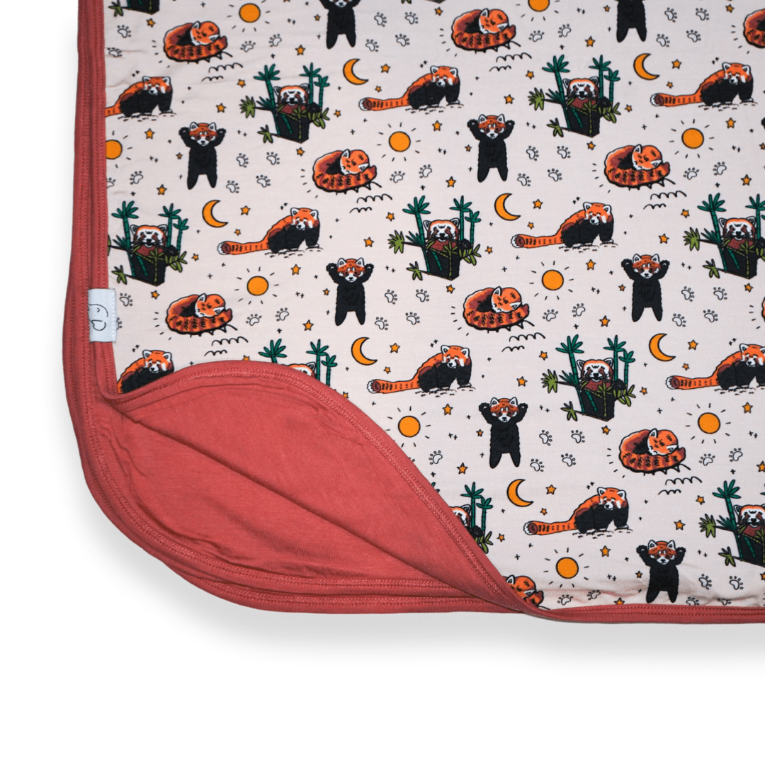 Red Panda reversible bamboo blanket with hand drawn animal print