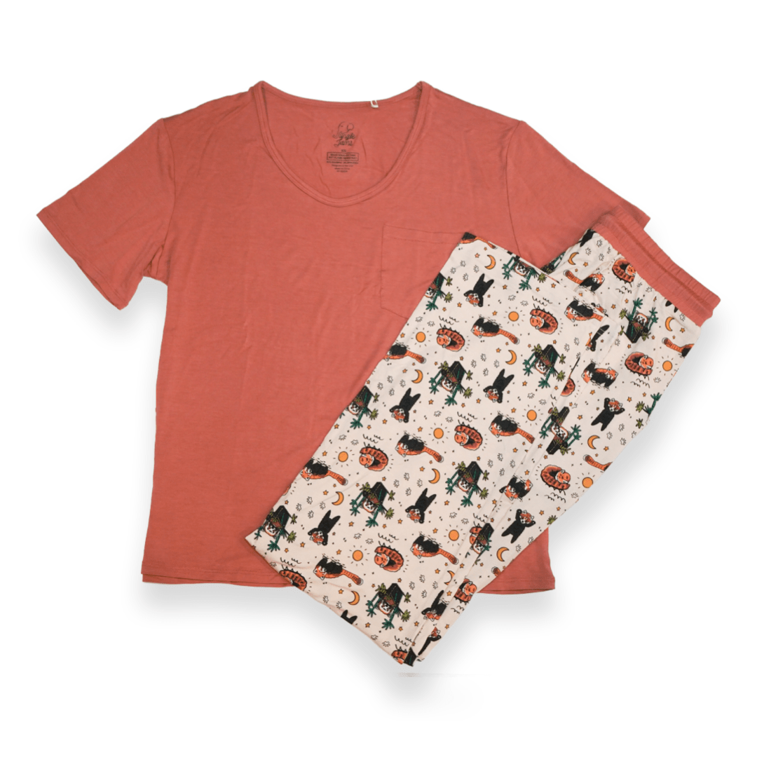 Additional view of Red panda bamboo pajama set for women with hand drawn animal print