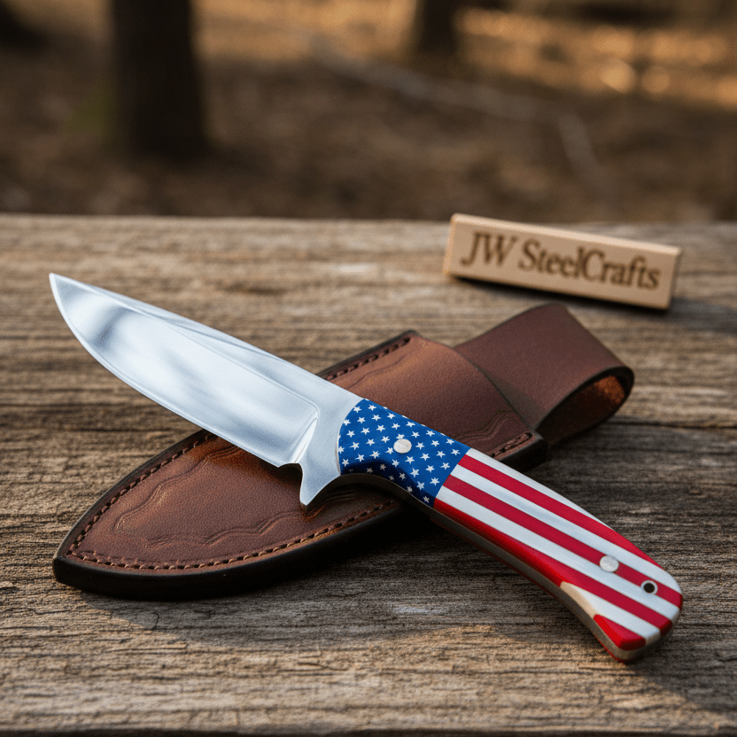 Handmade Drop Point Hunting Knife – High Polish Bearing Steel Blade, USA Flag Handle, Full Tang Fixed Blade by JW SteelCrafts, Damascus knife main product photo