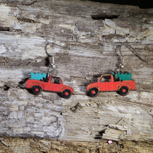 Red Truck Christmas Tree Wooden Dangle Earrings | Holiday Jewelry