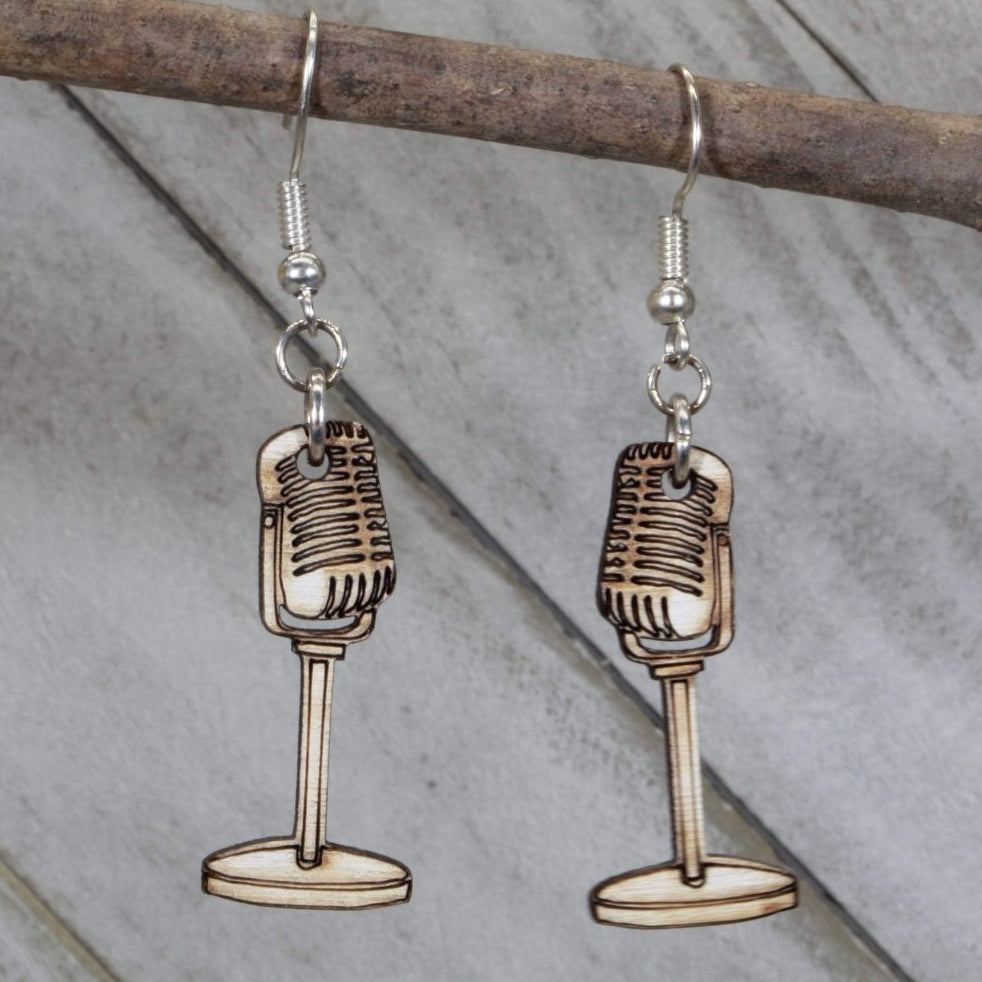 Retro Microphone Wooden Dangle Earrings | Music Jewelry by Cate's Concepts, LLC, handmade jewelry main product photo