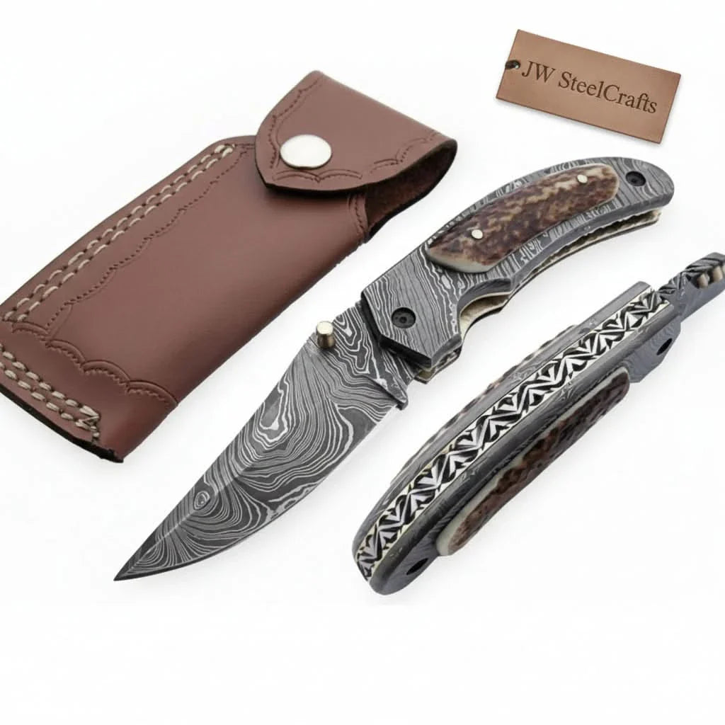 Handmade Damascus Folding Knife with Stag Horn Handle - Everyday Carry Knife by JW SteelCrafts by JW SteelCrafts, Damascus knife main product photo