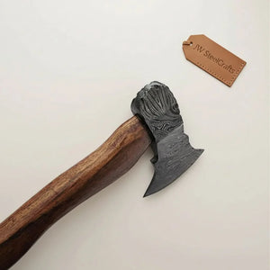 Handcrafted Damascus Utility Hatchet – Bearded Blade Style, Solid Wood Handle, Sheath Included