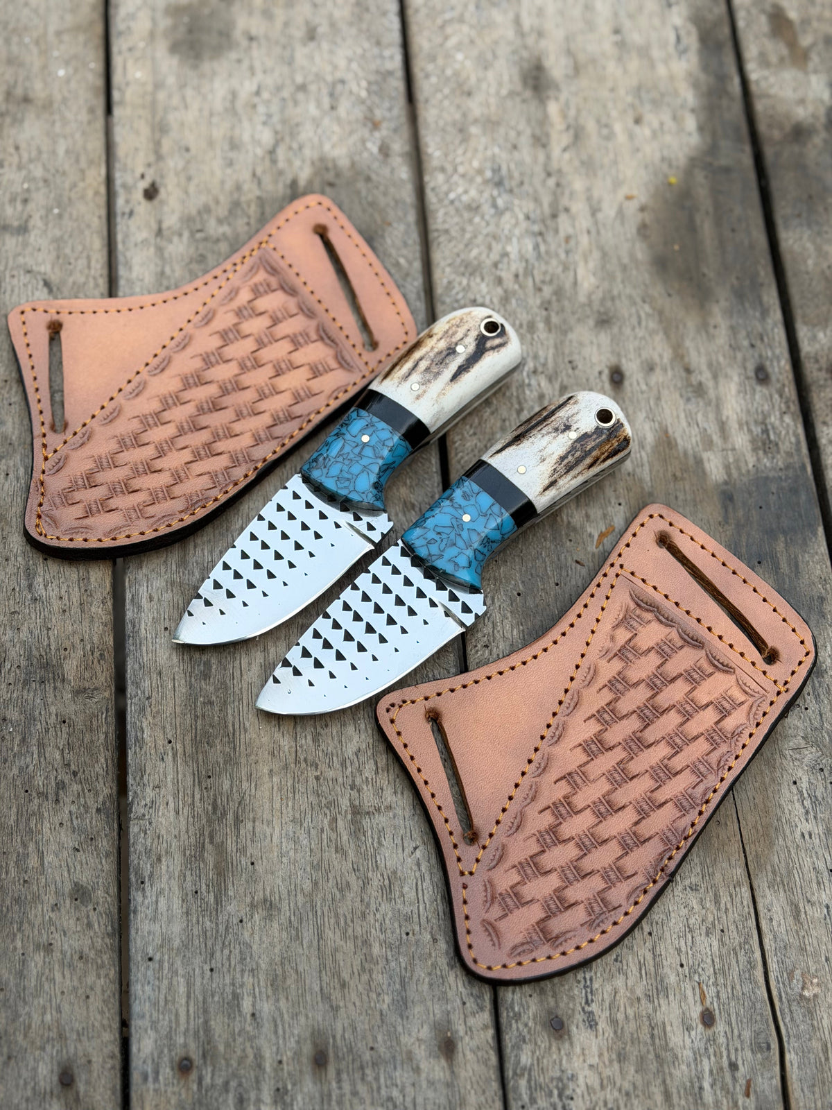 Handmade Turquoise Antler Skinner Duo set of 2 with natural stag antler handles
