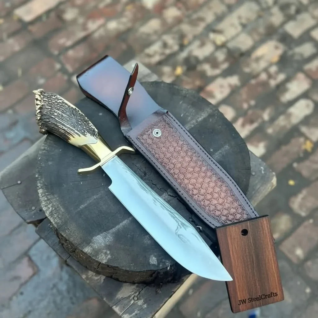 Handmade Carbon Steel Hunting Knife with Stag Horn Handle & Leather Sheath by JW SteelCrafts, leather knife sheath main product photo