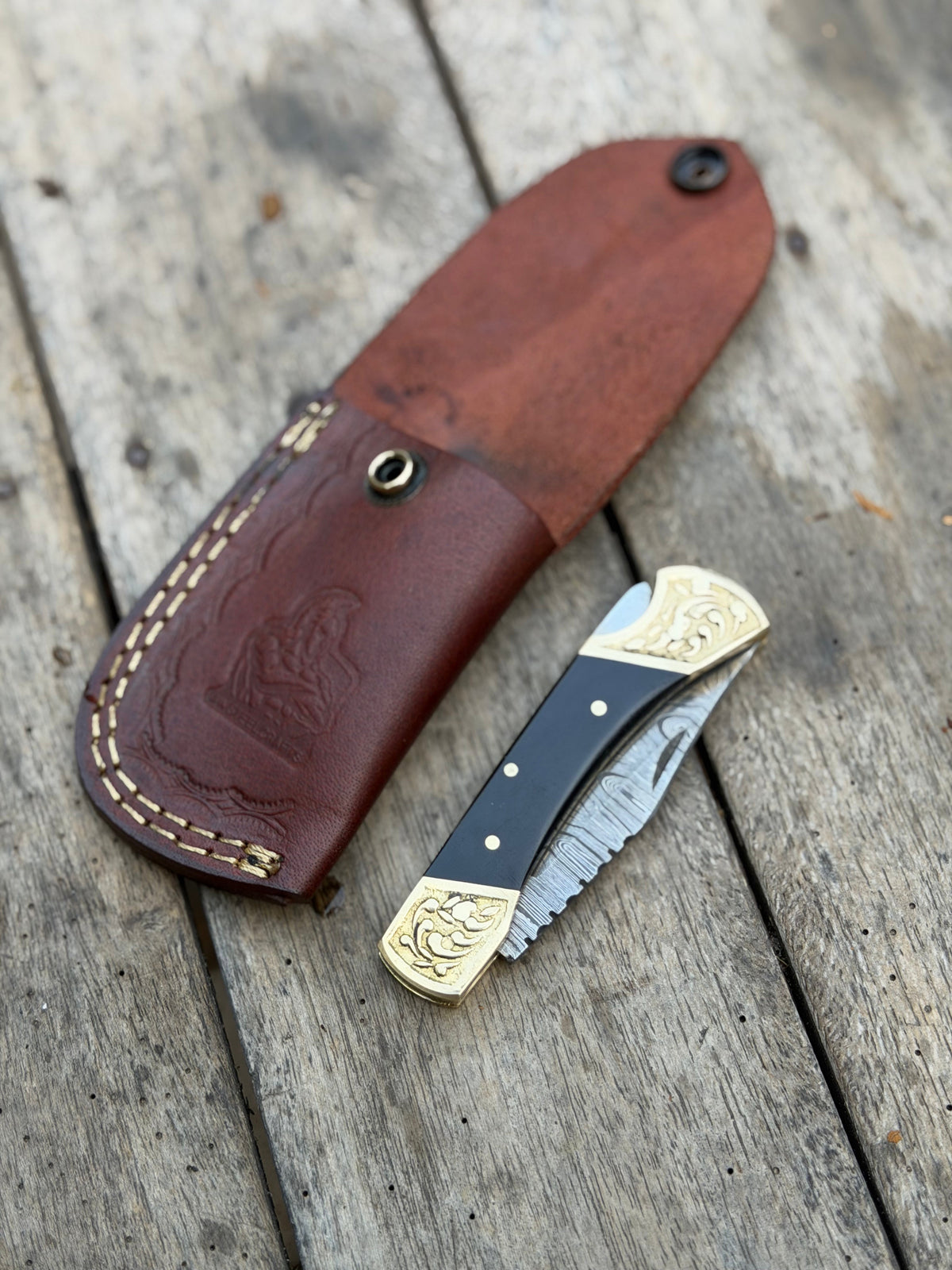 Handmade Brass Crown Folding Hunter 8" with black resin and horn handle