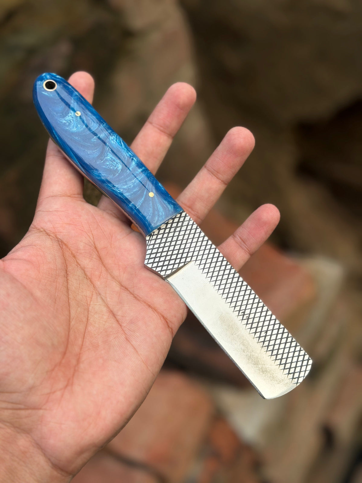 Handmade Farrier Bull Rasp Knife 8" with blue and white swirl resin handle