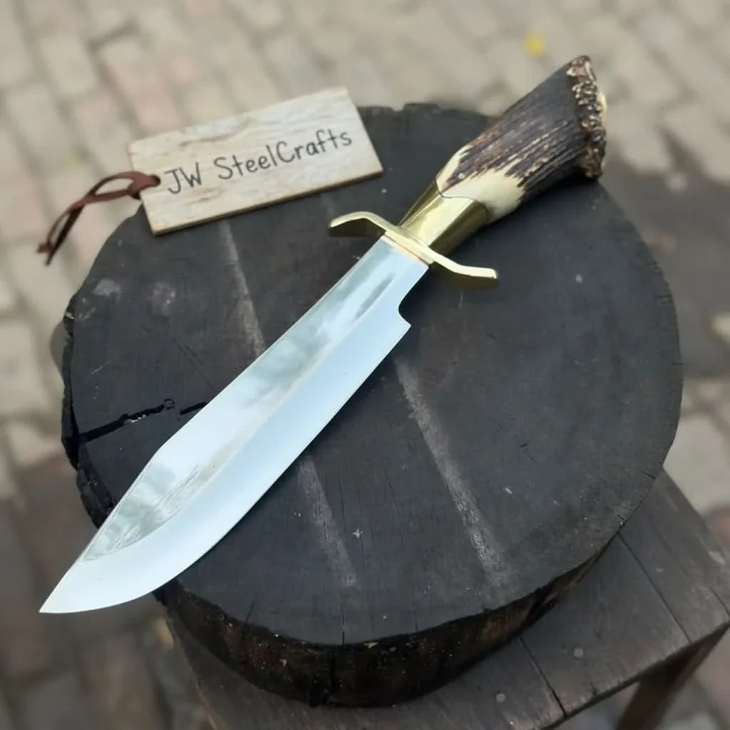 Handmade Carbon Steel Hunting Knife with Stag Horn Handle & Leather Sheath by JW SteelCrafts, leather knife sheath detail photo 2