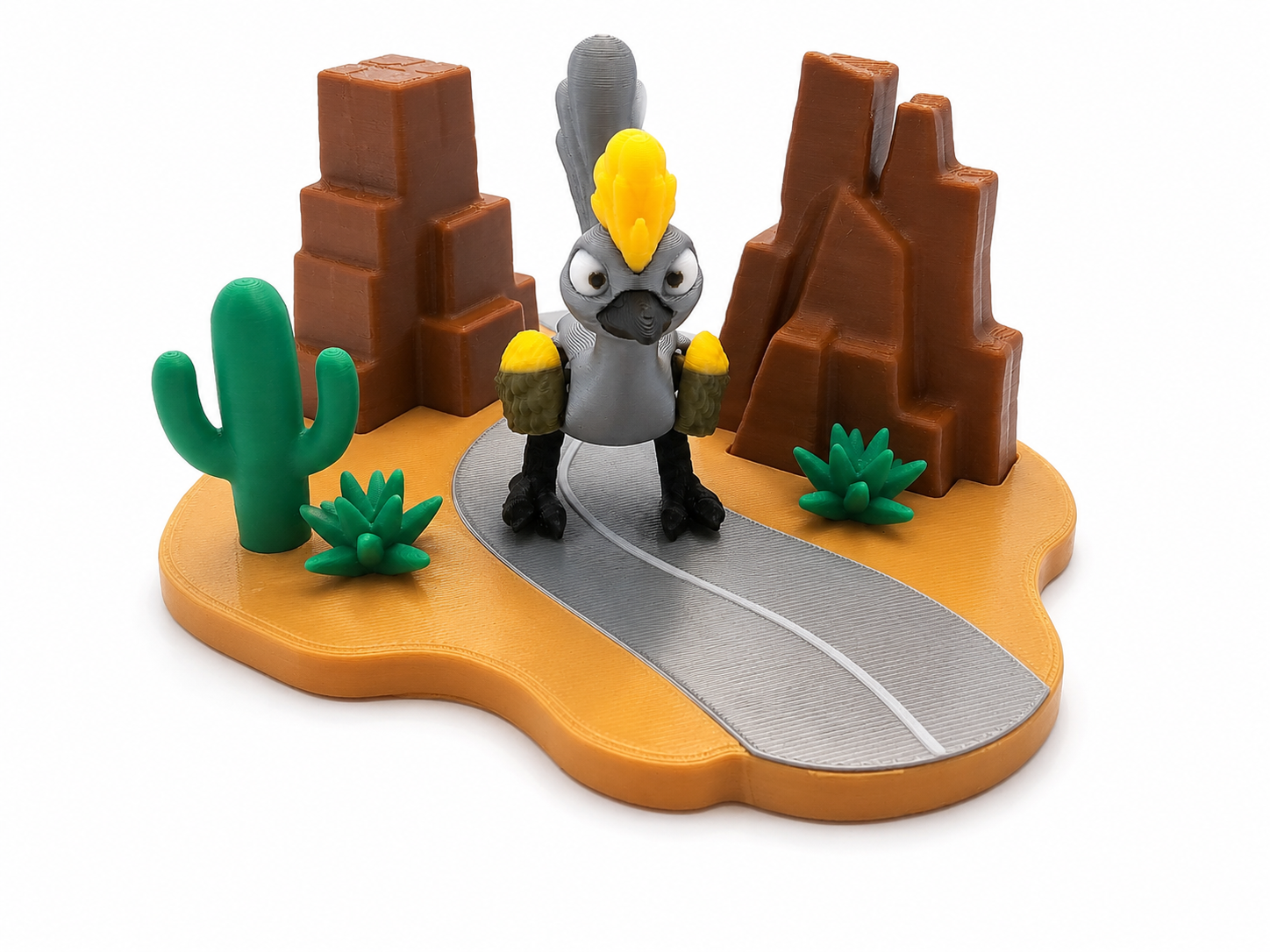 3D printed desert roadrunner playset with cactus, road, and rock formations by The Tween Space