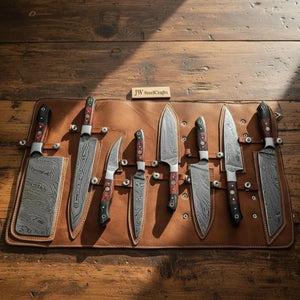 8-Piece Damascus Kitchen Knife Set — 7 to 13 Inch Blades with Black and Red Pakka Wood Handles, Mosaic Pins & Leather Roll | JW Steel Crafts