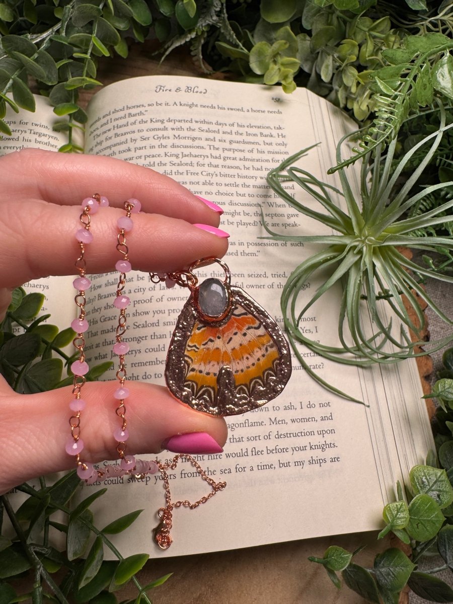 Rose Quartz and Butterfly Wing Necklace with Beaded Chain