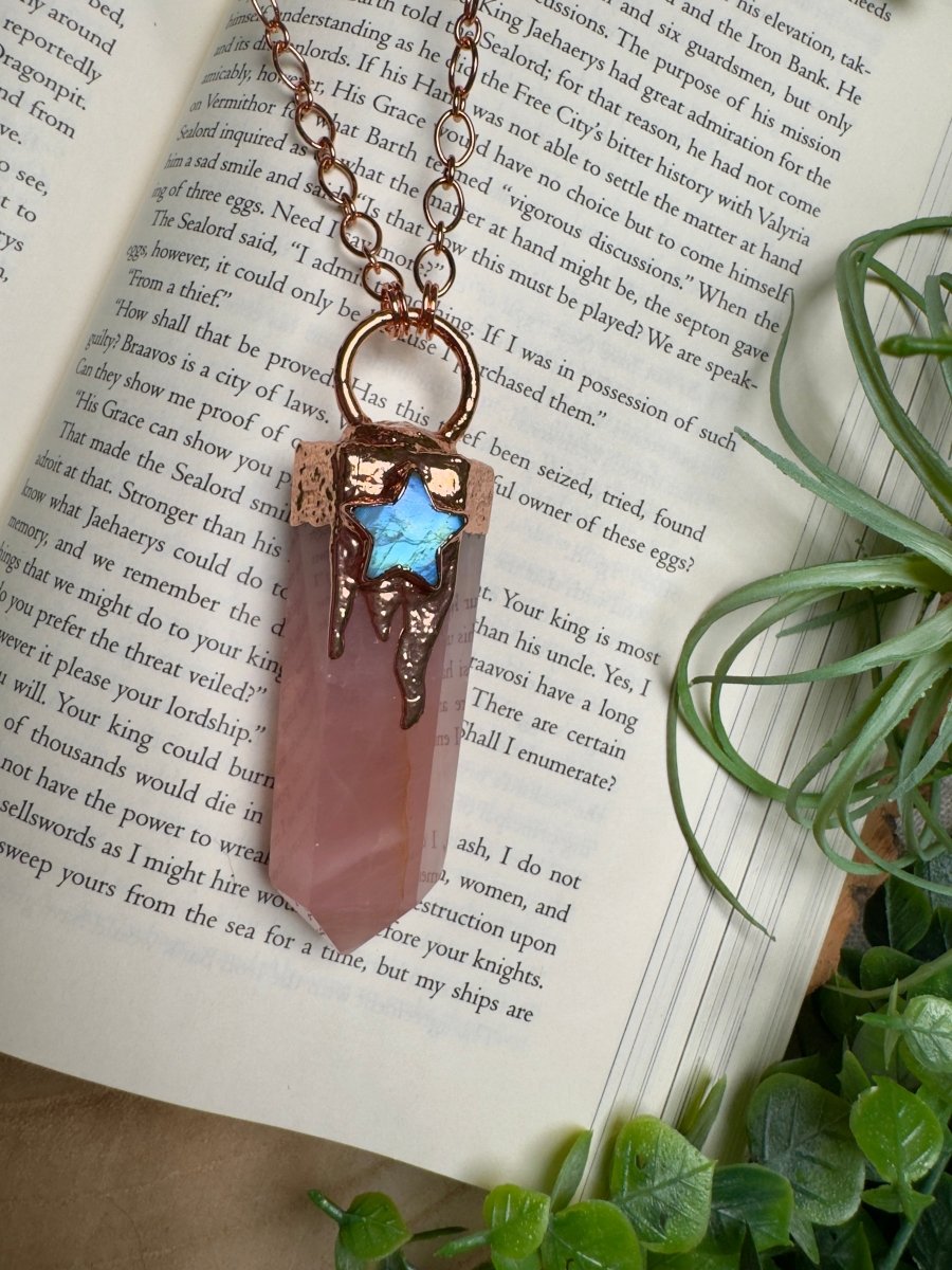 Rose Quartz Tower and Moonstone Star Statement Necklace