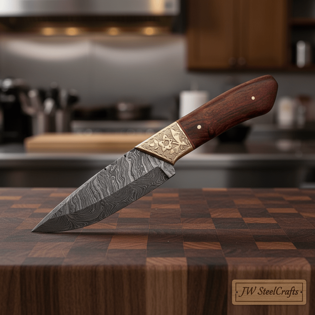 Handmade Damascus Petty Knife for Precise Kitchen Work by JW SteelCrafts, Damascus knife main product photo