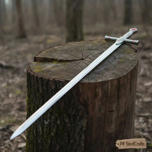 Full-length damascus steel replica sword with premium handle on dark background