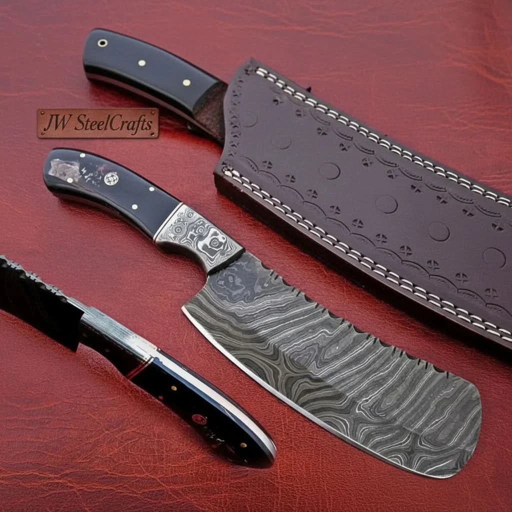 10-Inch Forged Damascus Nakiri Chopper — Ladder Pattern Blade, Engraved Damascus Bolster, Black Resin Handle & Tooled Leather Sheath by JW SteelCrafts, leather knife sheath