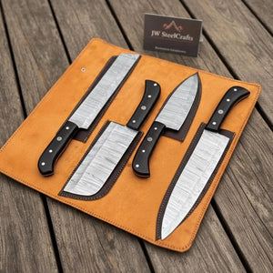 4-Piece Damascus Steel Kitchen Knife Set — Chef, Santoku, Cleaver & Utility with Wengi Wood Handles & Leather Roll