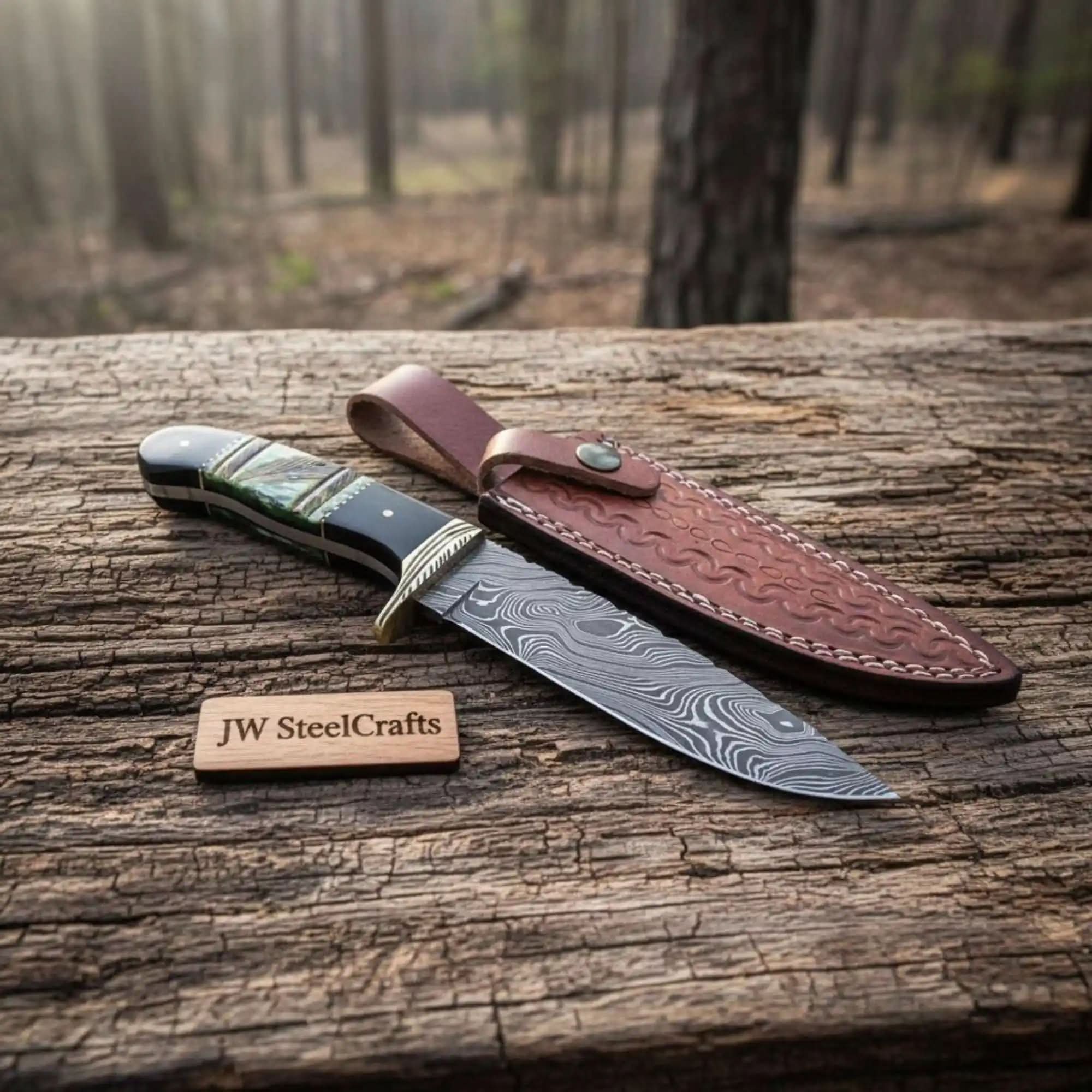 Compact Damascus Clip Point Bowie Knife with Green Bone Handle by JW SteelCrafts, Damascus knife main product photo