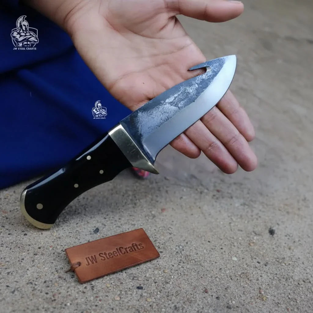 Gut hook knife with wood and brass handle. by JW SteelCrafts, Damascus knife detail photo 2