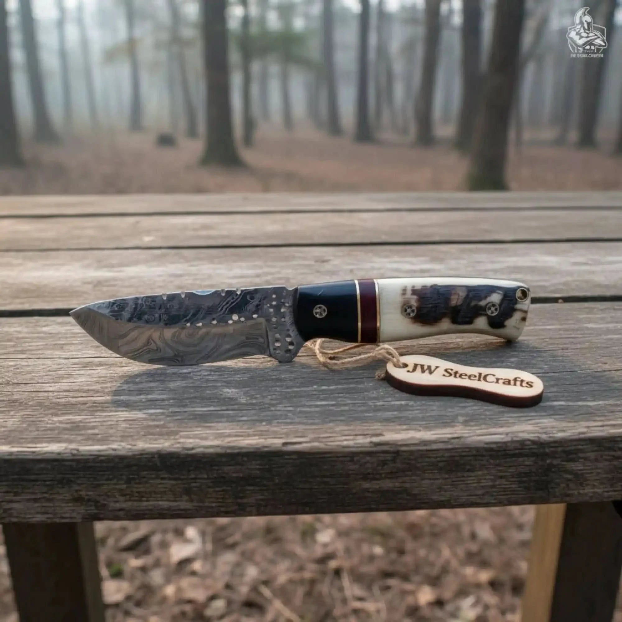 Skinner Knife Damascus Steel Ram Horn Handle 3.5 Inch Blade Hunting Knife by JW SteelCrafts, Damascus knife detail photo 2