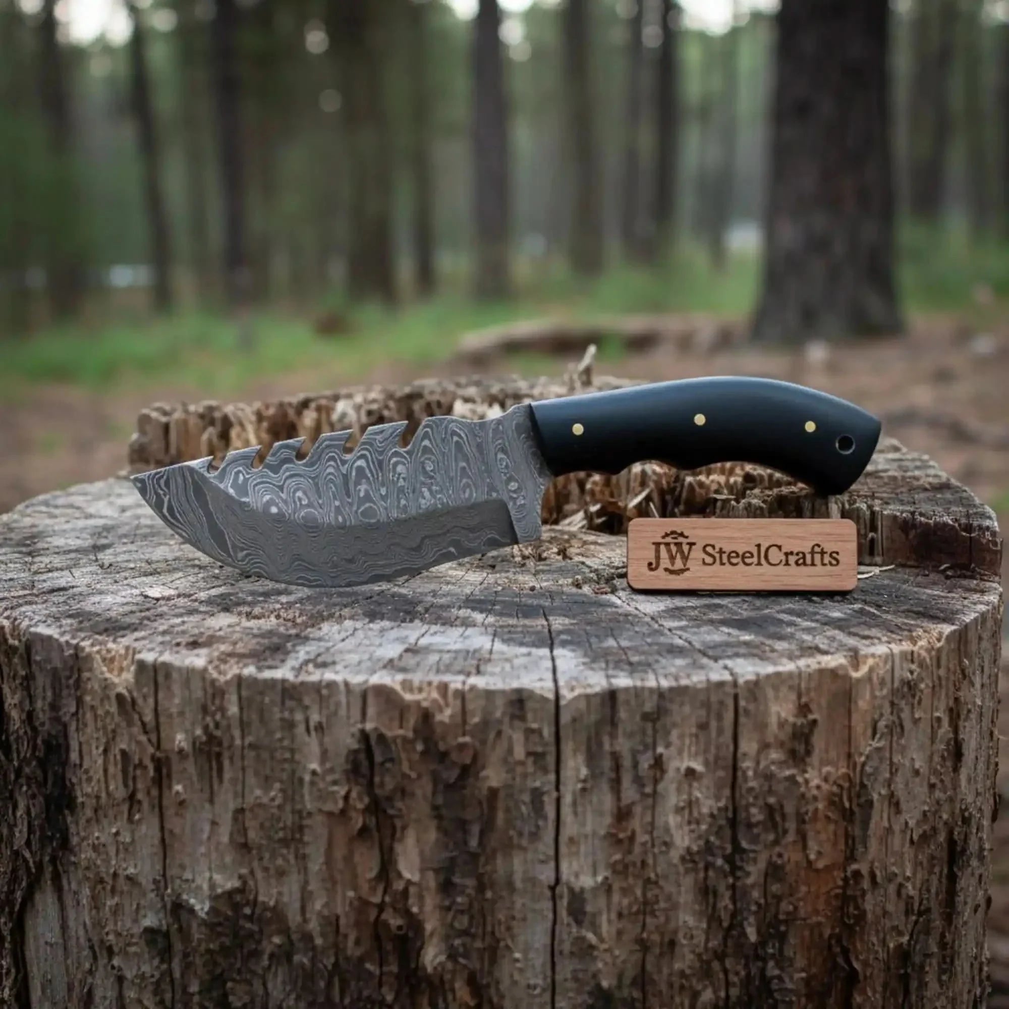 Handmade Damascus Tracker Knife with Black Micarta Handle, Fixed Blade Outdoor Hunting Knife by JW SteelCrafts, Damascus knife main product photo
