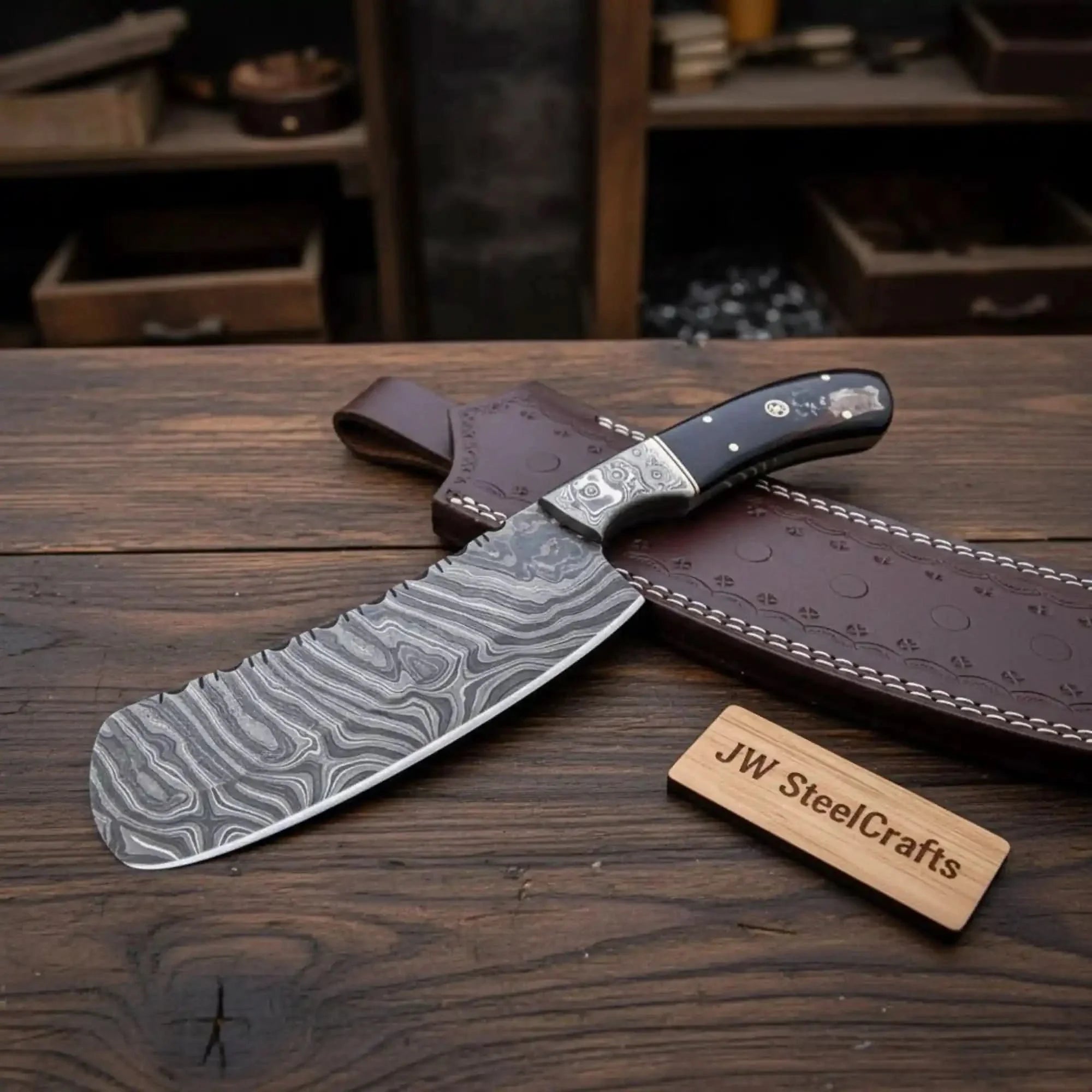 10-Inch Forged Damascus Nakiri Chopper — Ladder Pattern Blade, Engraved Damascus Bolster, Black Resin Handle & Tooled Leather Sheath by JW SteelCrafts, leather knife sheath main