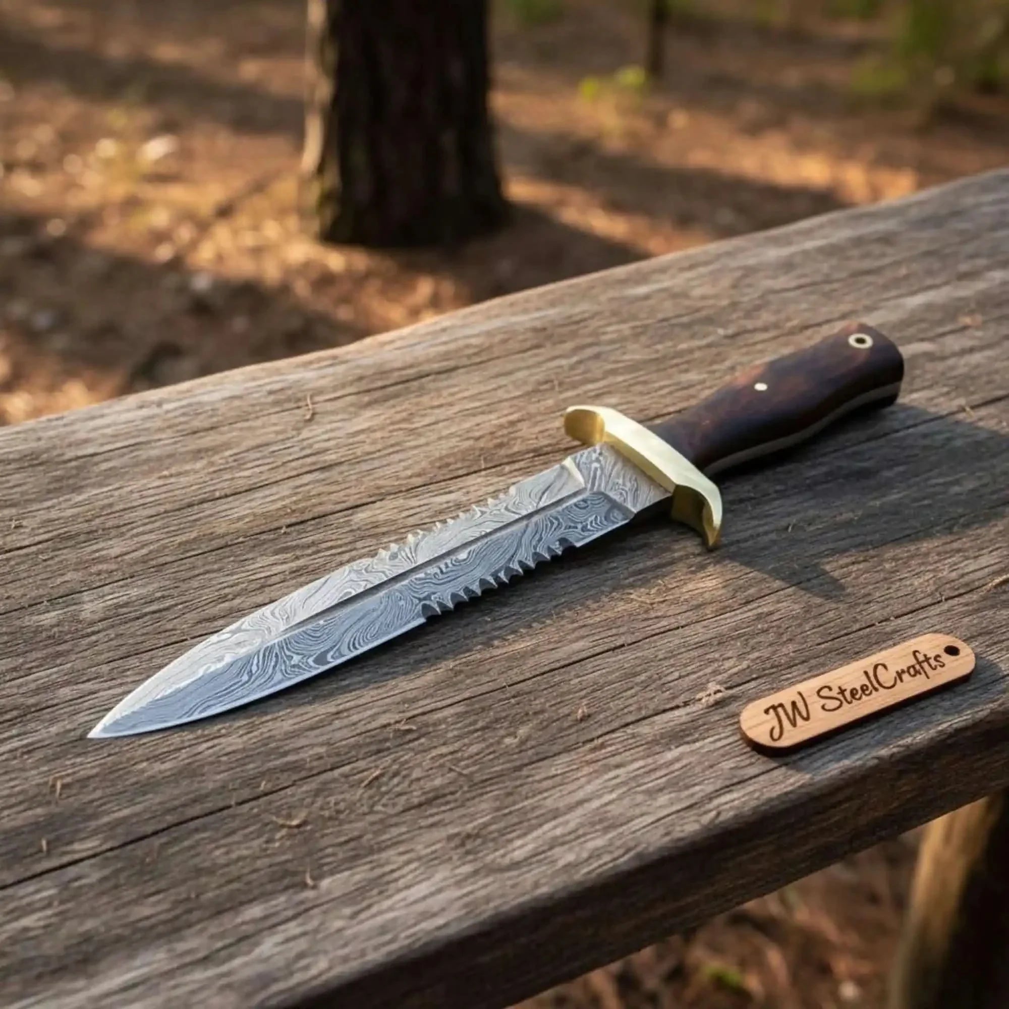 Hammer forged Damascus Dagger Knife with 8” Double Edge Serrated Blade, Sawback Spine, Brass Guard, Rosewood Handle (Full Tang Fixed Blade) by JW SteelCrafts, Damascus knife