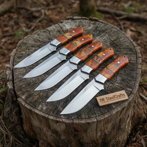 Handmade Artisan Scandi Bushcraft Knife of Set 5-Piece with Scandi Grind & Orange Resin Handles