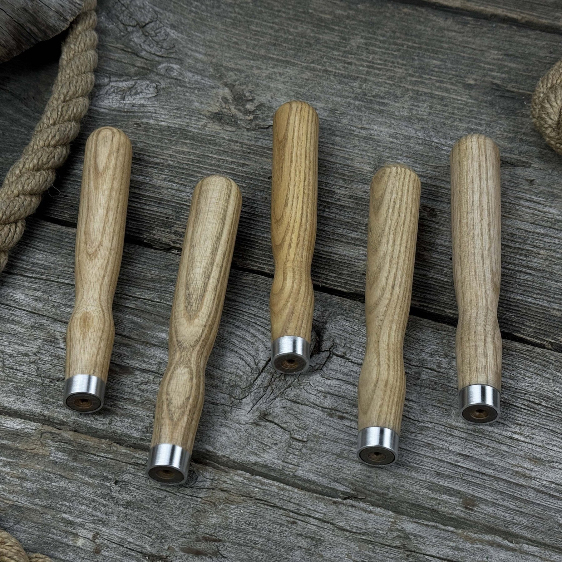Set of 5 Ash Wood Handles for Chisels and Gouges with Aluminum Rings
